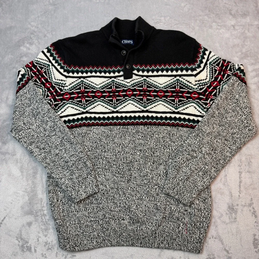 Chaps Sweater Mens Large Black Gray Fair Isle Mock Neck Button Pullover Knit